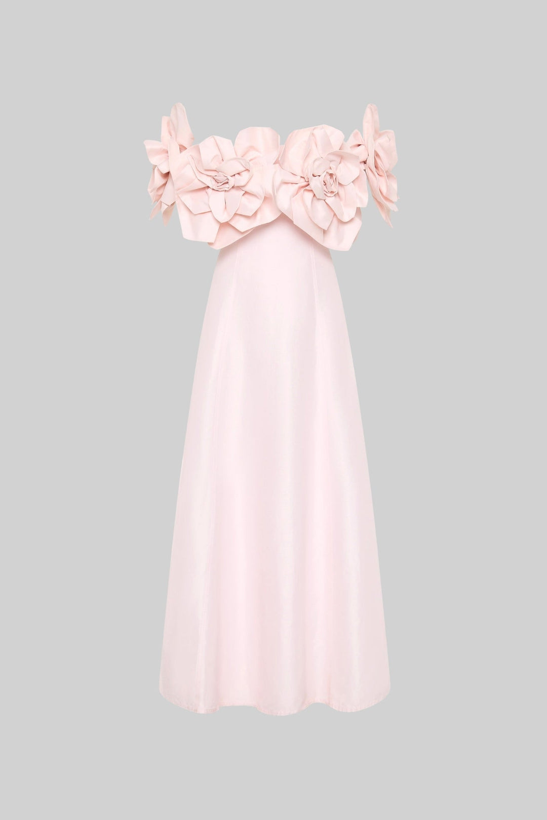 Off-Shoulder Midi Dress With Large Fabric Floral Accents - Pink