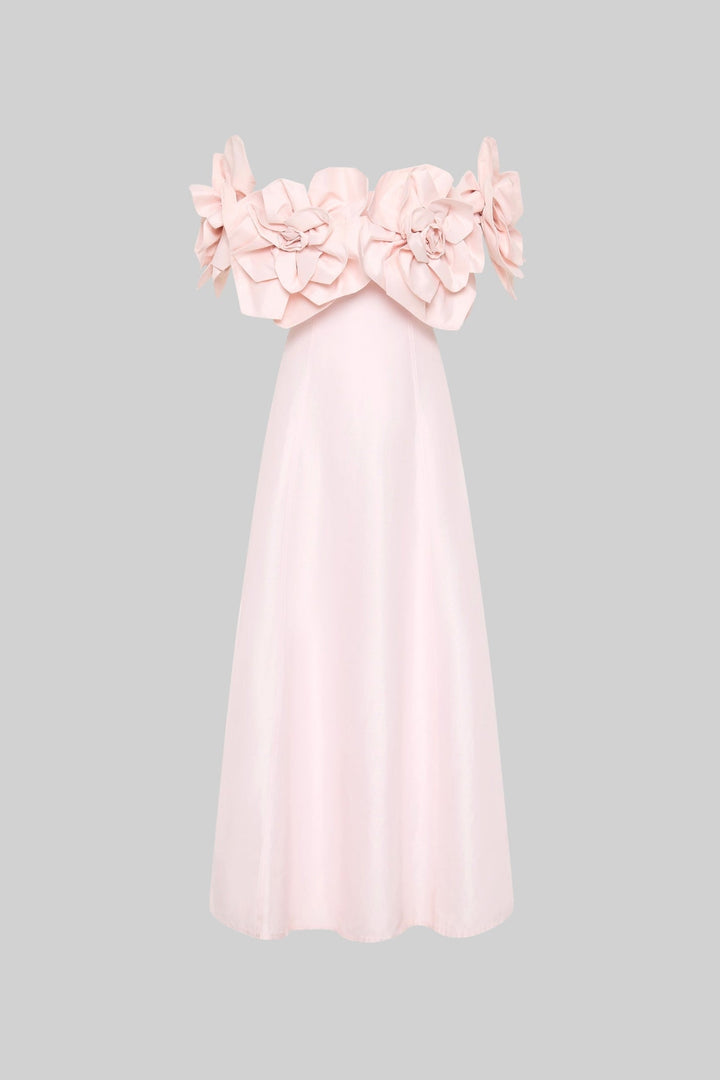 Off-Shoulder Midi Dress With Large Fabric Floral Accents - Pink
